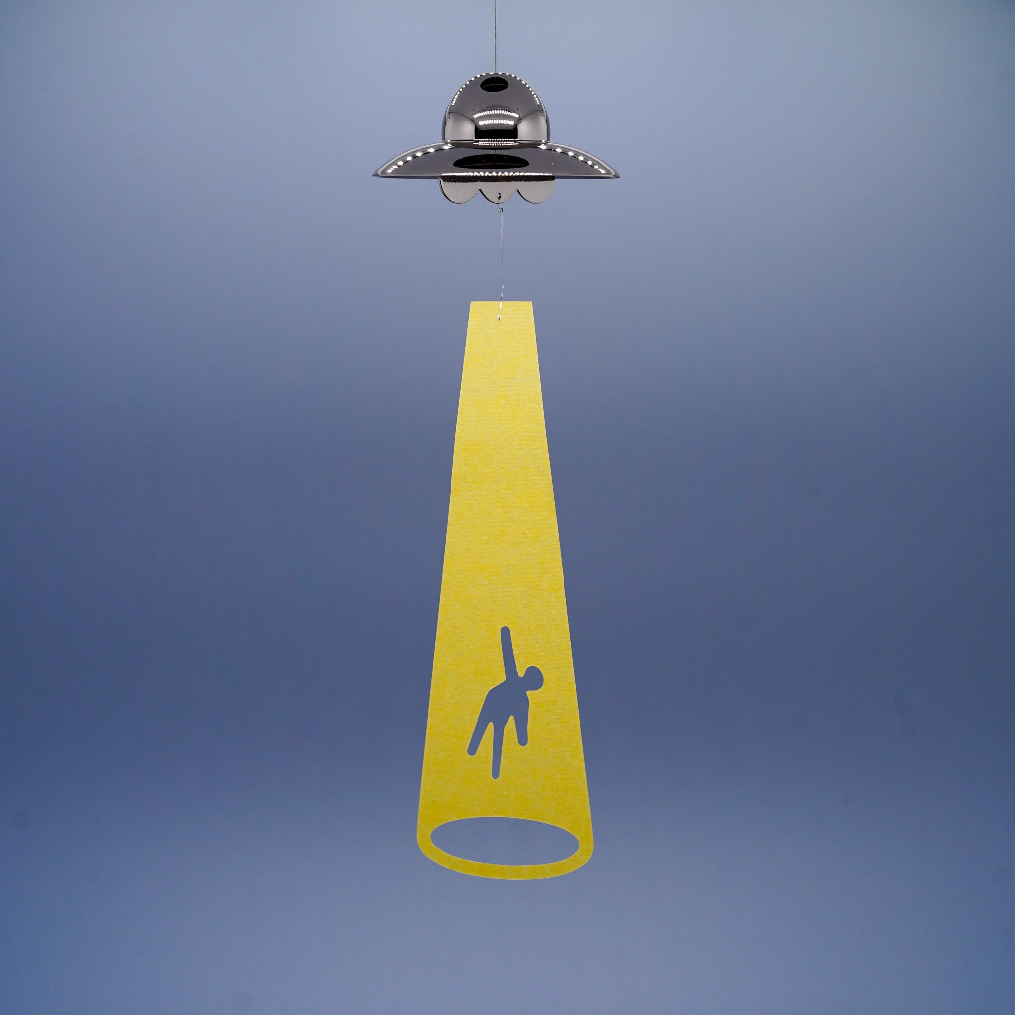 UFO disc-shaped brass wind chime in silver by Nousaku, Takaoka, Toyama, Japan, hanging with beam and silhouette striker