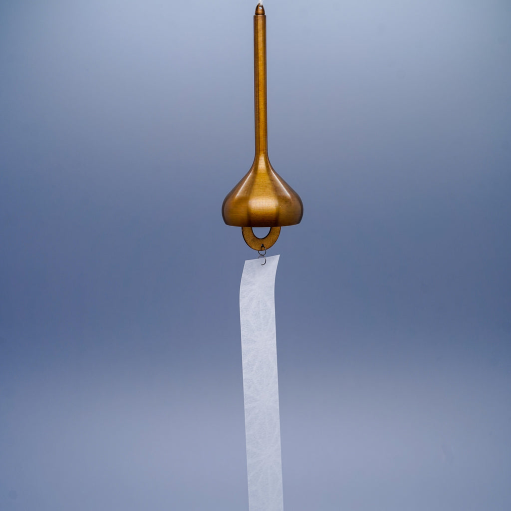 Onion brass wind chime in gold by Nousaku, Takaoka, Toyama, Japan, with paper clapper hanging