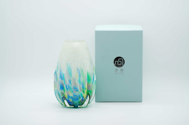Adelia glass Hydrangea flower vase by Tsugaruvidro with gift box, hand-blown in Aomori, Japan, layered blues and purples