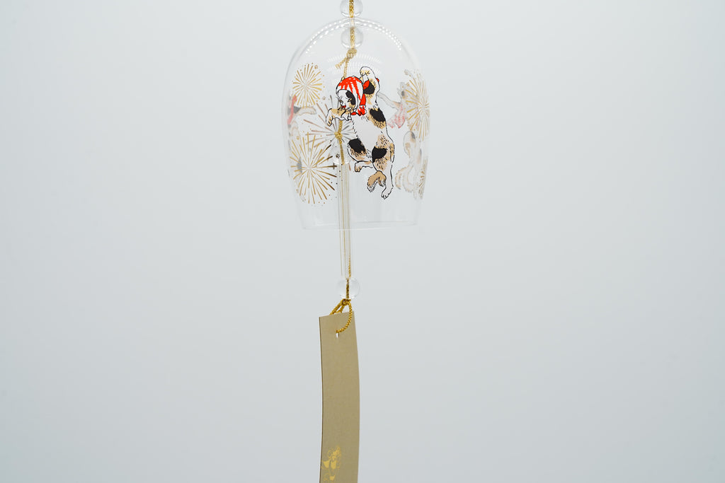 Edo-cat hand-blown glass wind chime angled view showing full bell with ukiyo-e cat motif and gold paper strip, made in Japan