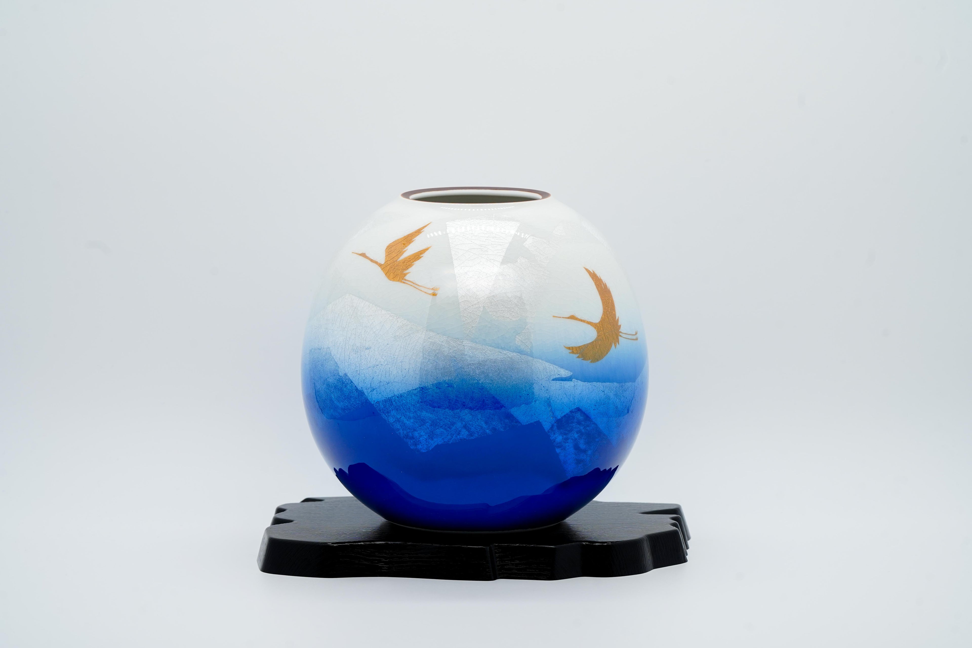 Blue Kutani vase with double cranes and silver leaf glazed
