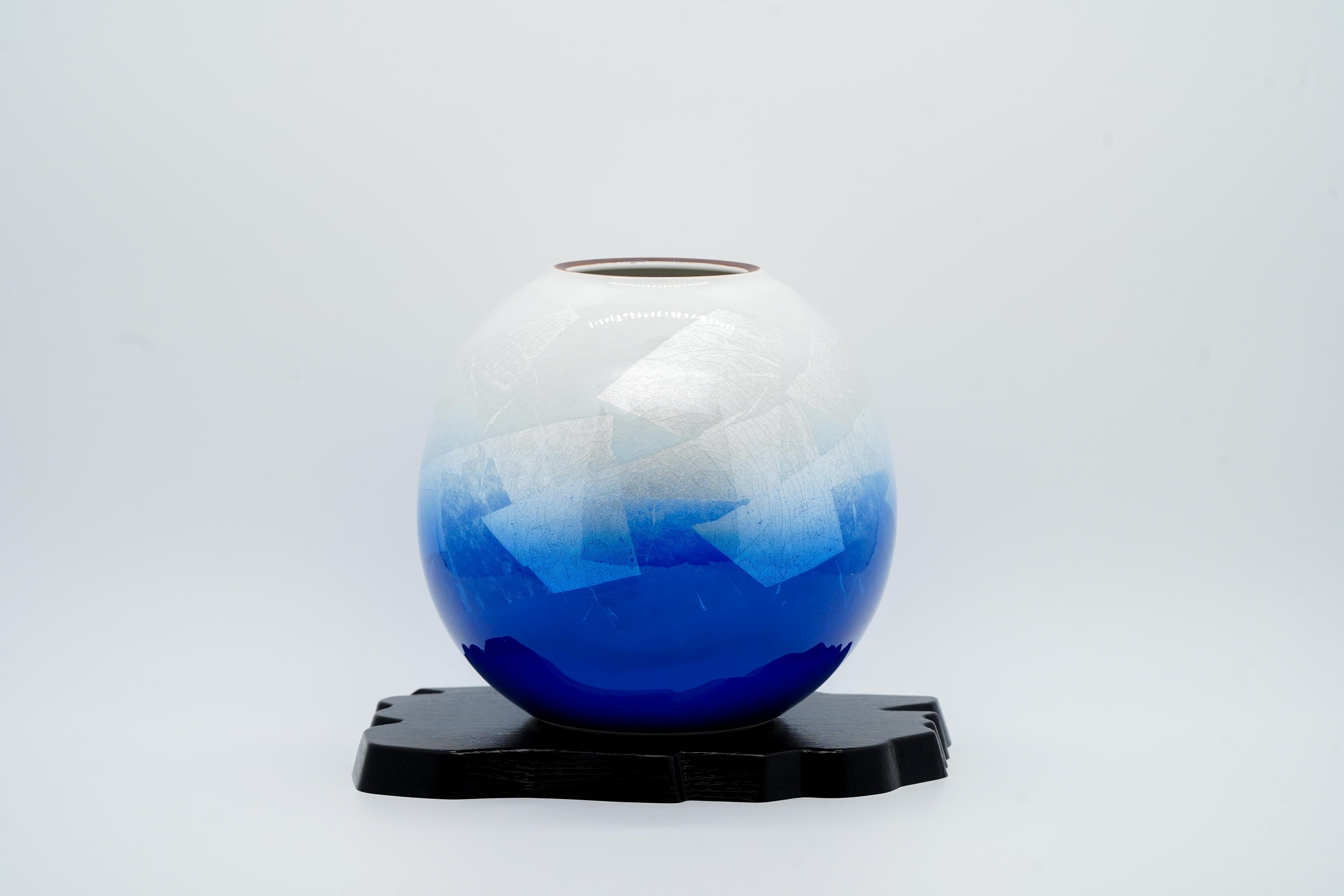 Blue Kutani vase with double cranes and silver leaf glazed