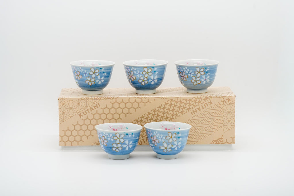 Set of 5 Kutani cherry blossom tea cups