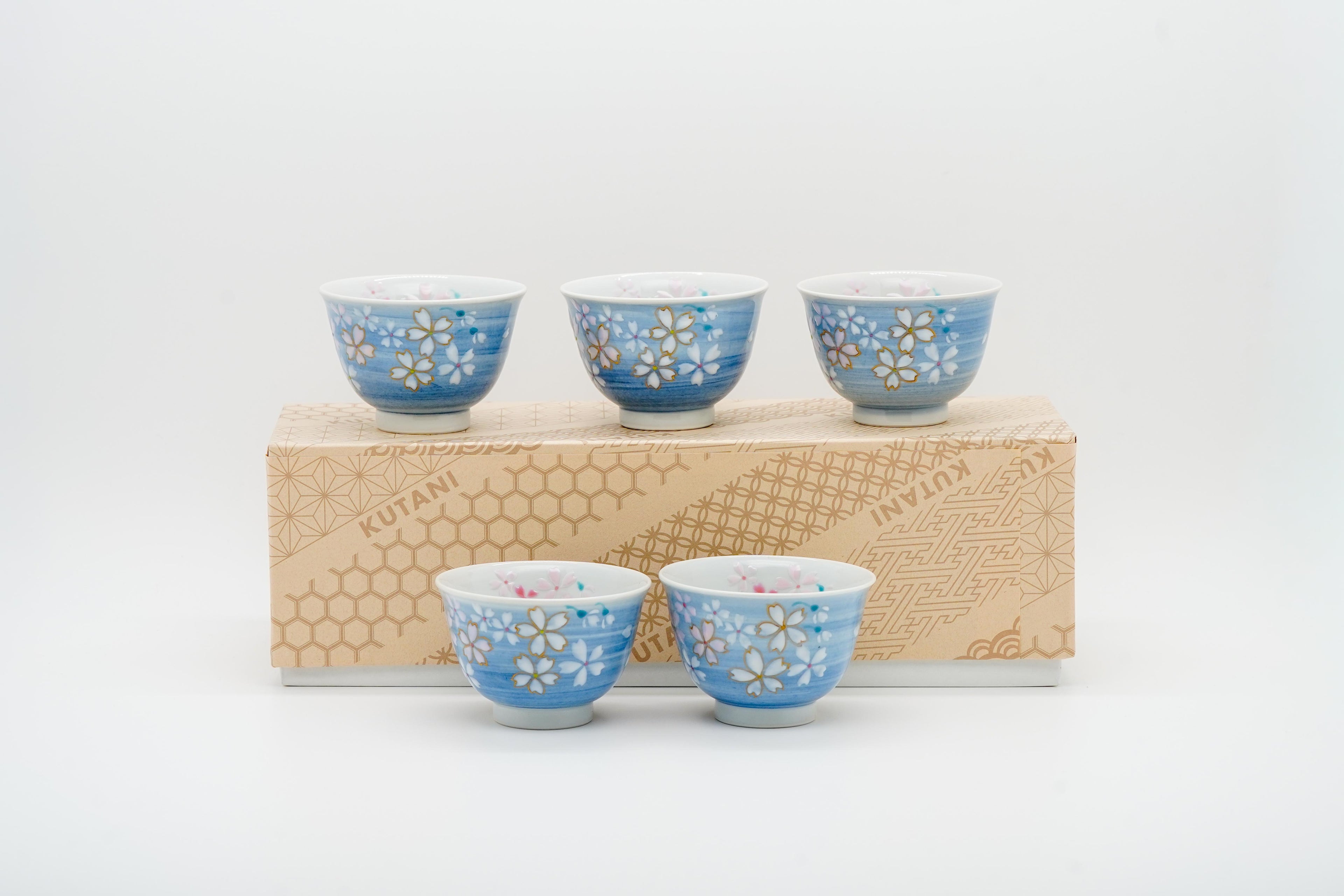 Set of 5 Kutani cherry blossom tea cups