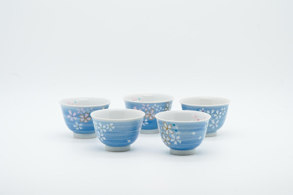 Set of 5 Kutani cherry blossom tea cups