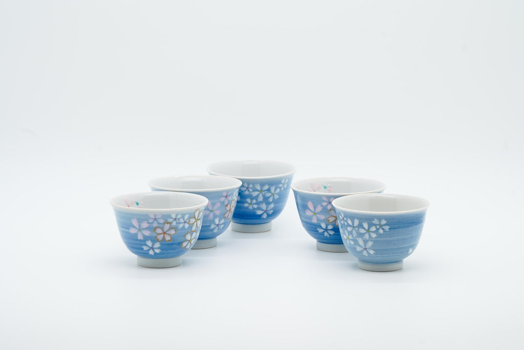 Set of 5 Kutani cherry blossom tea cups
