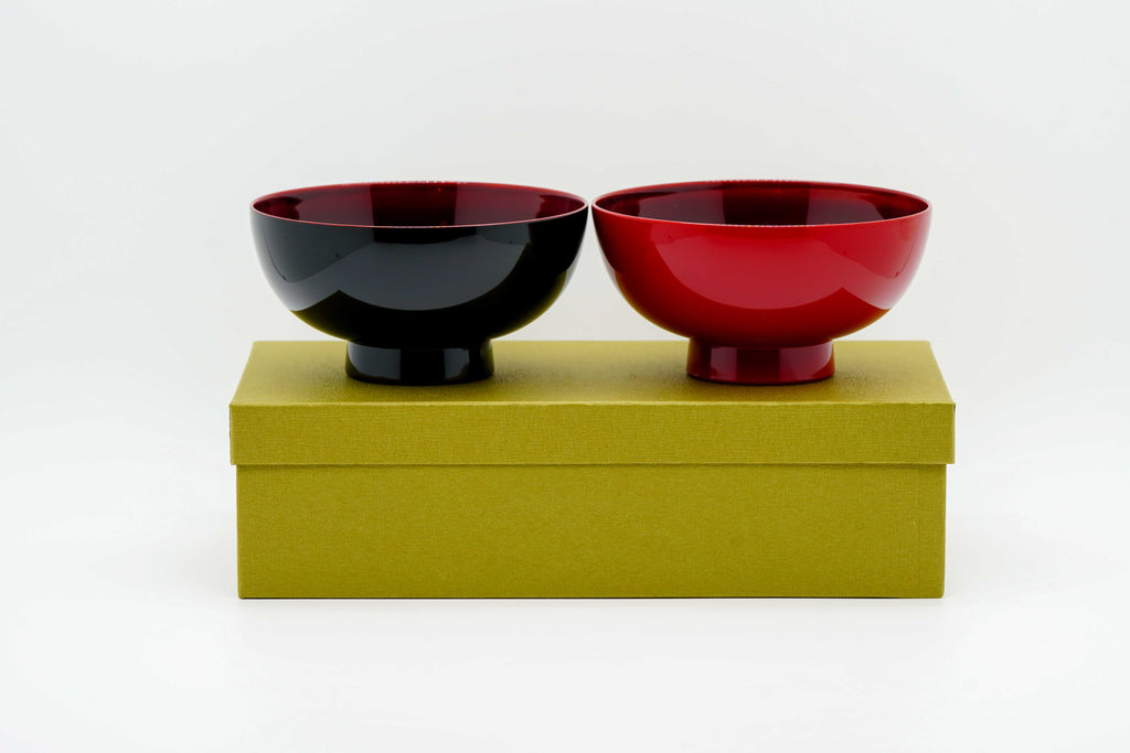 Lacquer bowl with cherry blossom pattern - Black and red pair