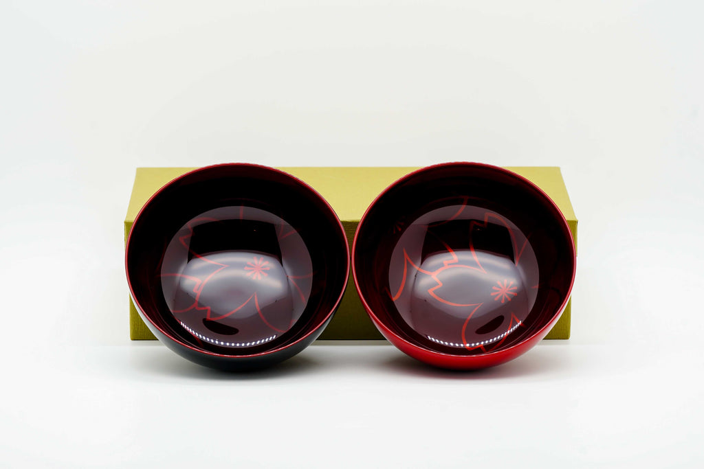 Lacquer bowl with cherry blossom pattern - Black and red pair