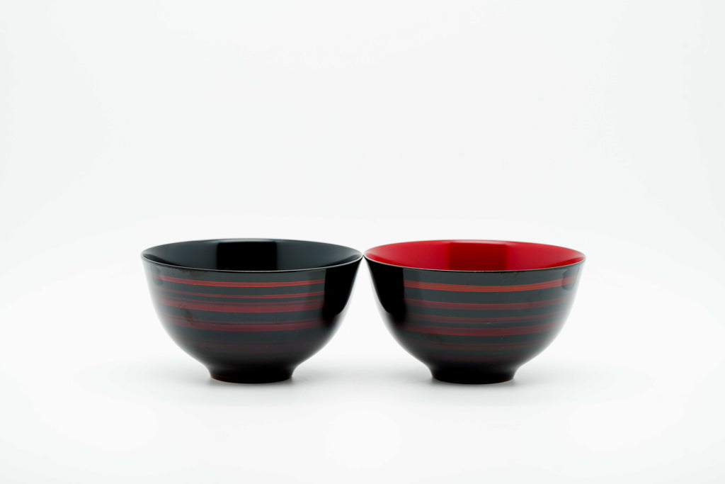 Lacquer bowl with line pattern - Black and red pair