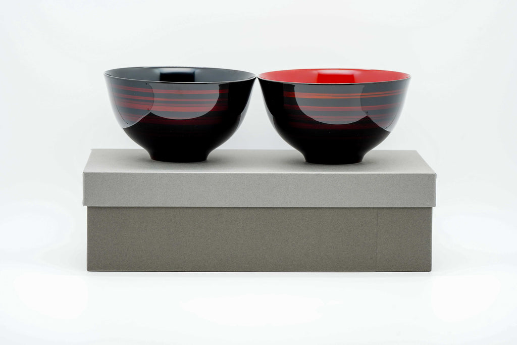 Lacquer bowl with line pattern - Black and red pair