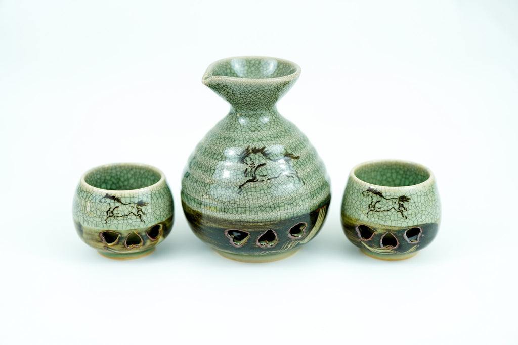 Soma Ware Sake Set, Carafe and Two Cups