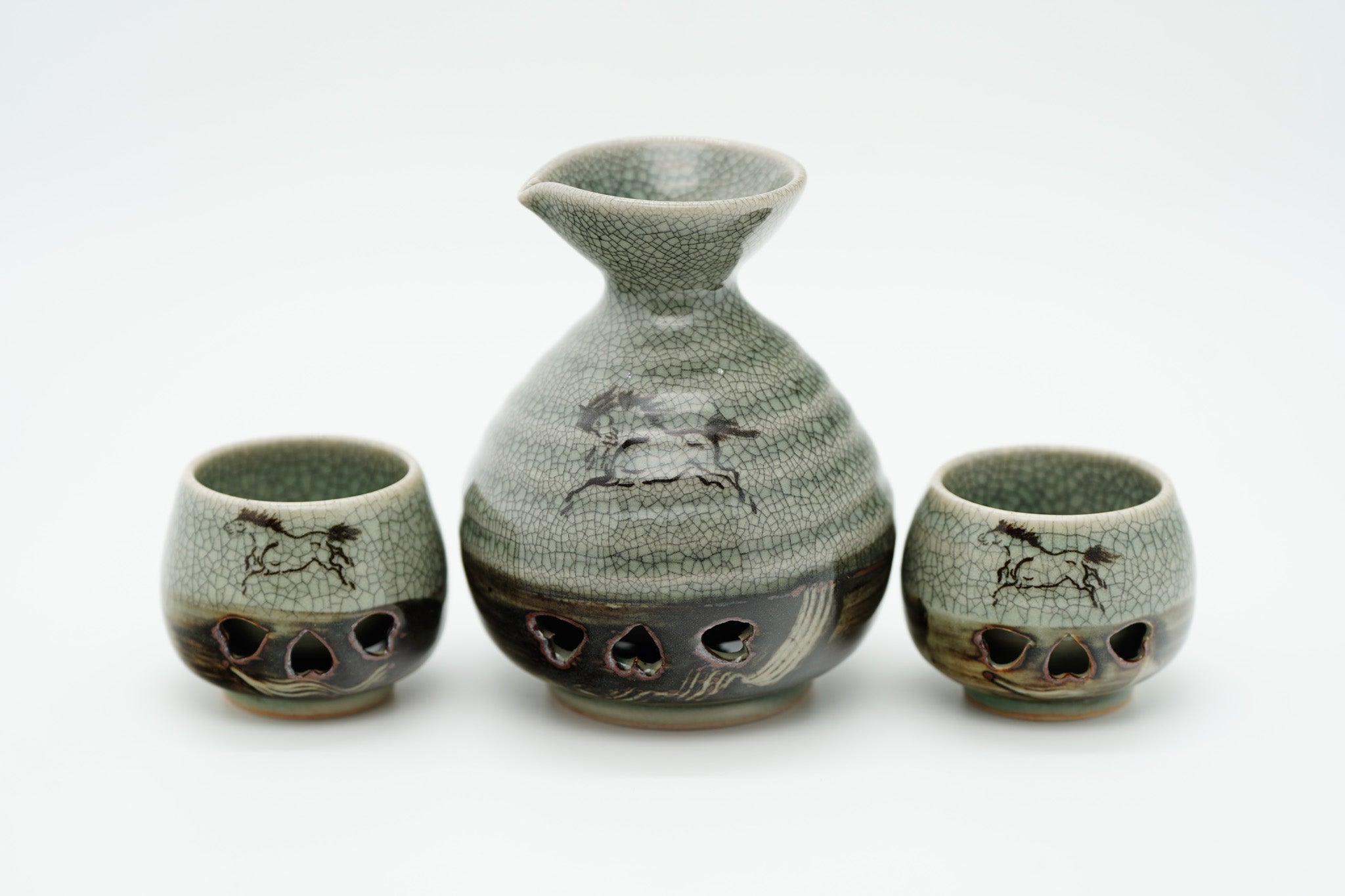 Soma Ware Sake Set, Carafe and Two Cups