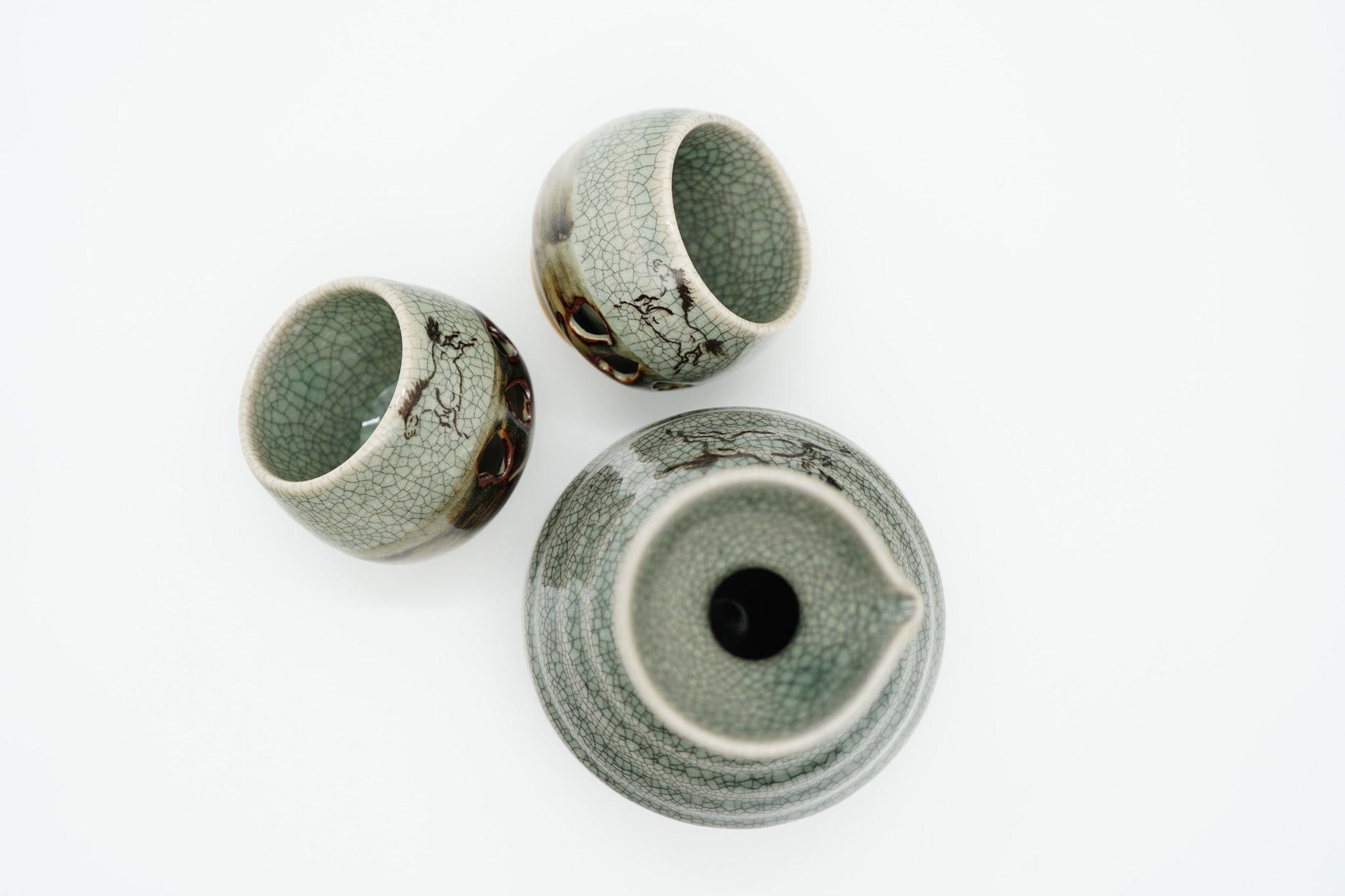 Soma Ware Sake Set, Carafe and Two Cups