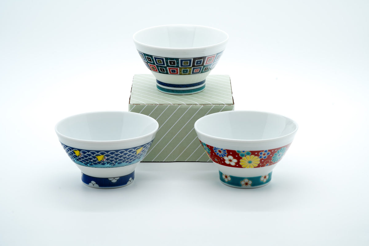 Kutani Ware Rice Bowl, Three Patterns
