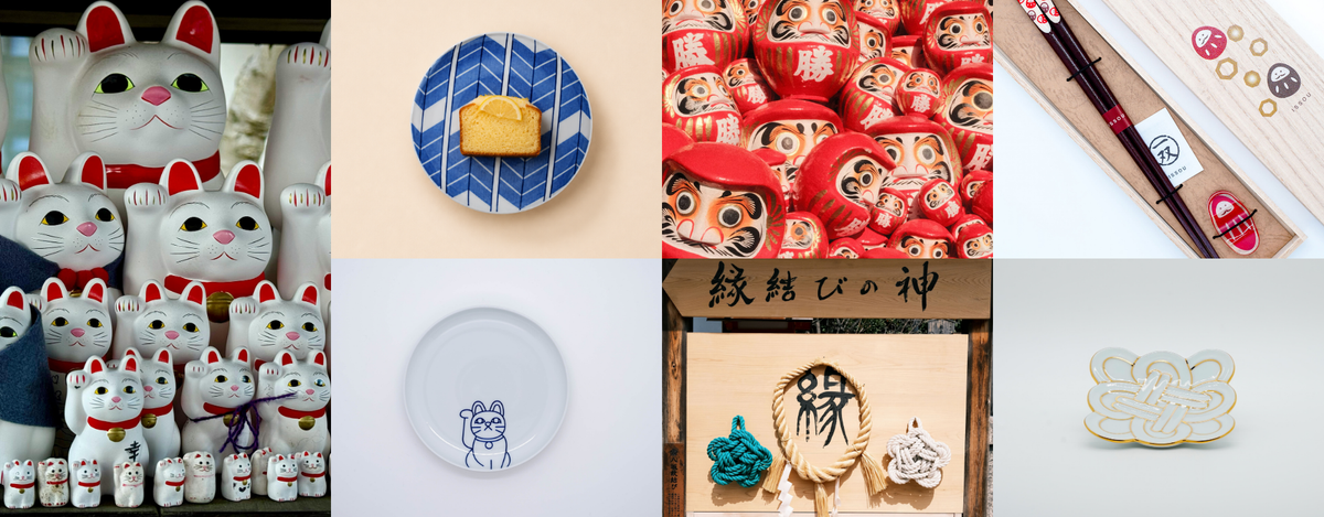 A collage of eight product photos showcasing various Japanese crafts and souvenirs, including white ceramic maneki-neko (lucky cats), a blue and white Yagasuri patterned plate with a yellow soap dish, red Daruma doll chopstick and chopstick rest set in a wooden box. A white ceramic plate in gold Fortune Knot shape. 
