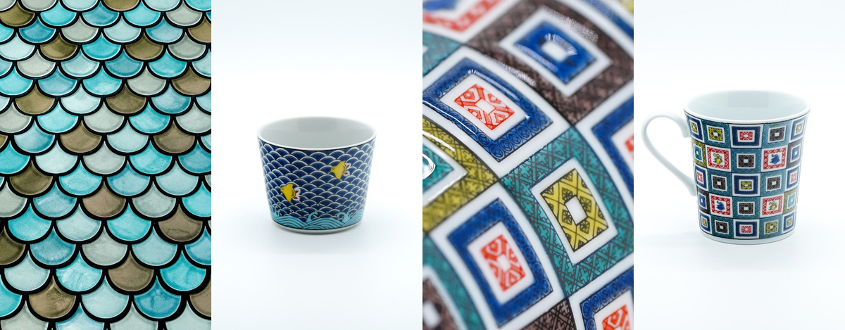 A four-panel product presentation showing a ceramic mug with Seigaiha patterns. The left panel displays a close-up of turquoise and brown fish-scale tiles that are called Ishidatami pattern in Japan. 