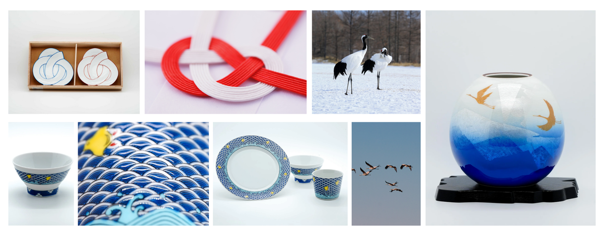 A collage of multiple Japanese-inspired motifs that are related to bonding : two white ceramic Musubi knot plates  in a wooden gift box, a red and white knot, a flock of birds in the sky, a blue gradient vase with gold crane motifs on a black base, a blue-and-white Chidori patterned bowl, a matching cup and plate, a close-up of the wave pattern, and a blue crane standing in a field.